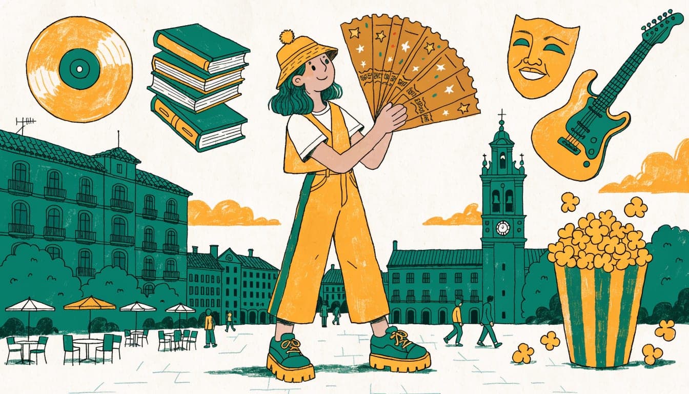 Ilustración de una joven con entradas de cine y concierto en una plaza, rodeada de vinilos, libros, guitarra y palomitas