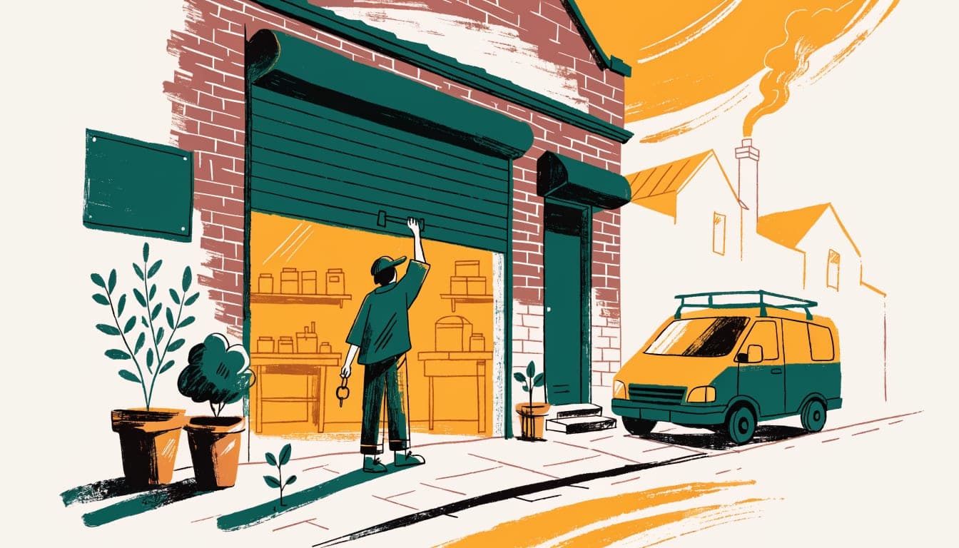 Ilustración de una persona levantando la persiana de un pequeño taller en una calle de Castilla, con furgoneta y macetas